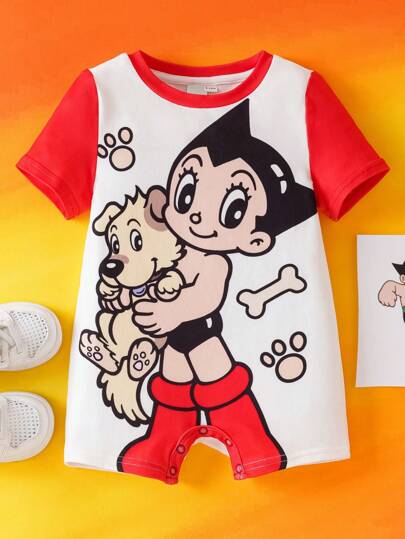 Astro Boy X SHEIN 男婴可爱卡通图案红白短袖连体衣