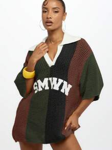 SUMWON WOMEN 超大 SMWN 标志钩针宽松针织 Polo 领校园套头衫风格上衣秋冬毛衣学院风套头衫运动休闲街头服饰 - 卡其色 - 查看 8