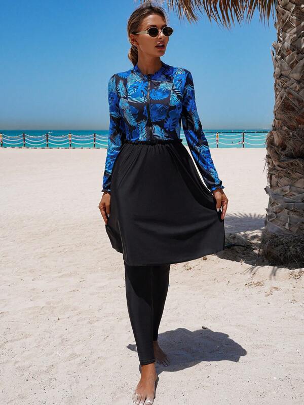 Swim Mulvari Women's Modest Two Pieces Floral Print Burkini, Conservative One-Piece Swimsuit With Skirt, Muslim Swimwear