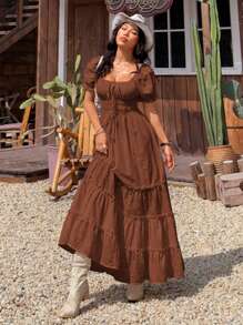 SHEIN EZwear 女士纯色连衣裙，休闲度假风格 - 棕色 - 查看 3