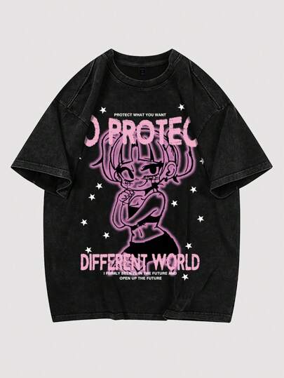 T-shirt décontracté à manches courtes col rond avec imprimés de slogans et de personnages de dessins animés pour hommes