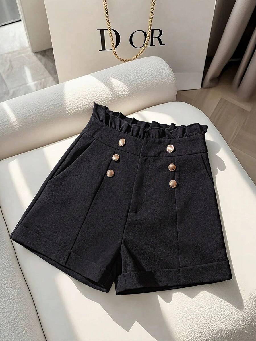 EMERY ROSE 高端黑色荷叶边下摆短裤，2025夏季A字高腰女士西装短裤