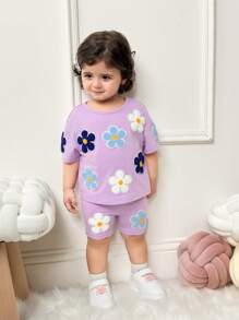 SHEIN 2pcs/Set Baby Girl Floral Print Round Neck Short Sleeve T-Shirt And Shorts Set - Mauve Purple - View 5