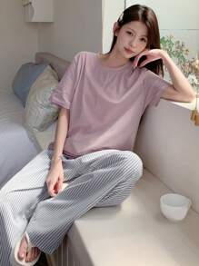 DAZY 2pcs Simple Striped T-Shirt Top And Pajama Bottoms Homewear Set