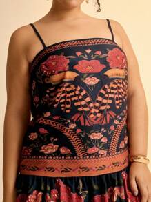 CAJUNI Vestido corto casual de playa negro con estampado floral tropical colorido y tirantes de espagueti para mujer de talla grande
