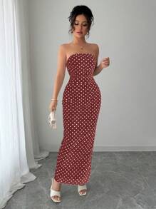 Chiquease Ladies Elegant Polka Dot Mesh Bustier Style Ruched Waist Mesh Dress - Burgundy - View 3