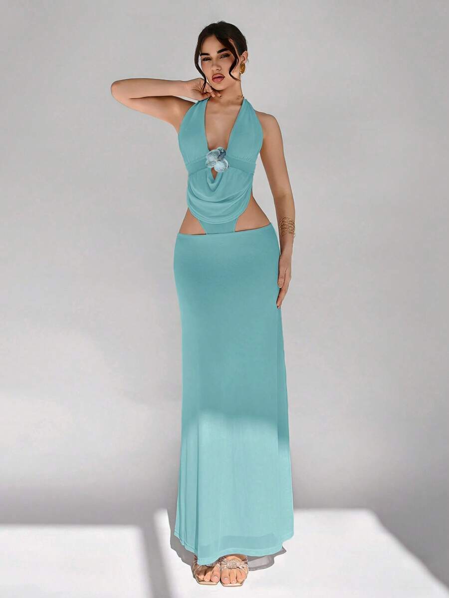 Aloruh 女士优雅性感露背吊带连衣裙 - 薄荷藍 - 查看 1