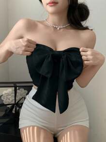 DAZY Áo ống đen hở vai họa tiết nơ cho bé gái mùa hè mới - màu đen - Xem 5