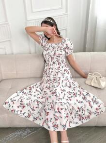 少女碎花泡泡袖方领迷你连衣裙，度假风格 - 白色 - 查看 7