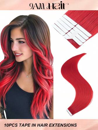10pcs Tape In 100% Human Hair Extensions Red Color 25g 18inch Silky Seamless Invisible For Thin Hair Woman Top Quality Thick Ends Healthy Human Hair Extensions Invisible Tape In For Salon