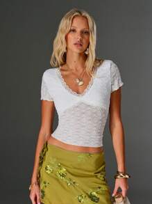 TRNVIE Spring & Summer Vacation Romantic White Lace Floral V-Neck Lace Trim Women T-Shirt - White - View 3