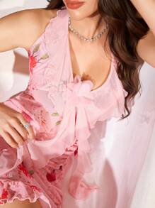 SHEIN Floral 3D Design Ruffle Trim Spaghetti Strap Printed Nightgown Babydoll PerfectSummer - Pink - View 3