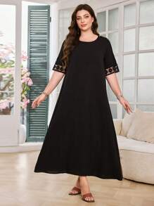 Lacomfia Plus Size Women Loose Casual Round Neck Short Sleeve Patchwork Ruffle Hem Arabic Style Dress - Black - View 5