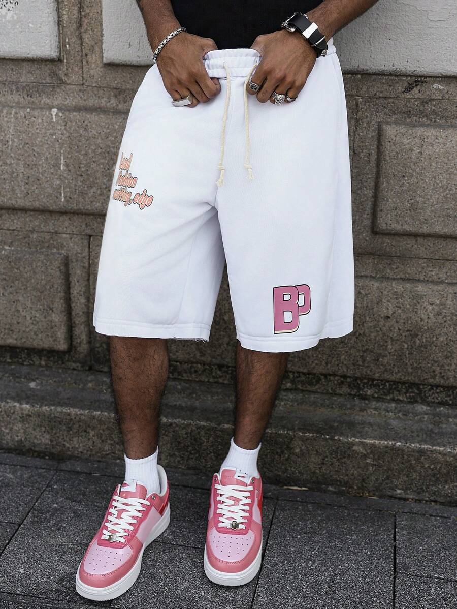 PAVTROS 男士夏季短裤，直筒宽松 5 英寸，字母印花，街头时尚休闲嘻哈风格 - 白色 - 查看 1