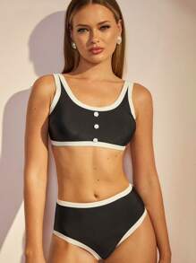 COSMINA Women's Elegant Color Blocking Vintage Coin Print Swimsuit Set, Spring/Summer - Black and White - View 5