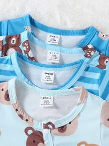 4-Piece Newborn Baby Cute Bear Print Simple Stylish Long Sleeve Romper Outfit Set