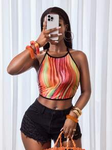 BamGleam Summer New Women's Color Gradient Short Crop Top With Sexy Backless Design, Perfect For Beach Vacations, Parties, Gatherings, And Daily Wear - Multicolor - View 5