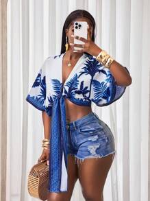 BamGleam 植物印花扭袖休闲度假夹克 - 寶藍色 - 查看 7