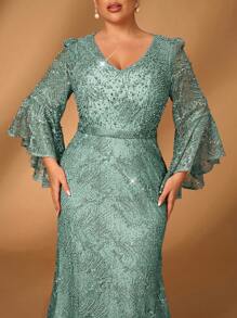 Serin Váy dài tay xẻ tà đuôi cá cổ chữ V màu hồng đậm thanh lịch & lãng mạn cỡ lớn kết hợp ngọc trai thêu cho mẹ - màu xanh lá - Xem 4