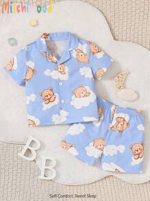 SHEIN Lässiges Homewear-set Für Babys (jungen) Mit Kurzärmligem, Offenem Hemd Und Shorts, Mit Bären- Und Wolken-Muster - Blau - Übersicht 1