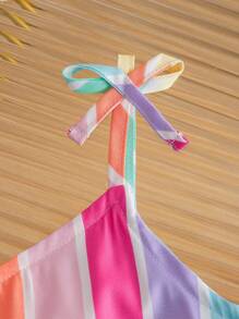 Toddler Girls' Holiday Style Woven Colorful Striped Digital Floral Print Spaghetti Strap Jumpsuit With Bow Decor, Suitable For Daily Wear, Outings, Beach Vacations, Family Gatherings Summer Holiday - Multicolor - View 5