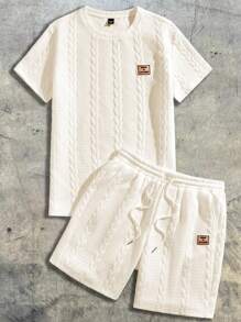 AXEPEAK 男士两件套针织休闲字母拼接夏季套装，街头风，舒适穿搭，情侣装 - 杏色 - 查看 5