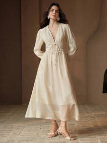 Anewsta Embroidered Floral Beaded V-Neck Long Sleeve Elegant Modern Women Dress, Spring/Summer - Apricot - View 3