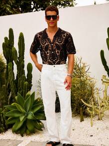 Manfinity RSRT Men's Solid Color Front Button Hollow Mesh Short Sleeve Knit Top - Coffee Brown - View 5