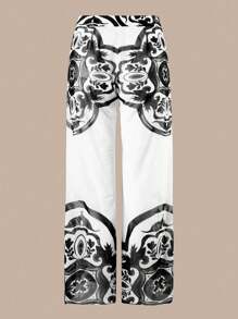 Swim Oasis Set de 3 piezas 2025 Nuevo diseño de traje de baño de una sola pieza con estampado de posicionamiento, falda y pantalones largos de malla para mujer, conjunto informal de playa de verano - Blanco y Negro - Ver 5