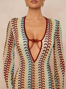 Lumalex Fall Modest Old Money Coquette Rave Festival Outfits Formal Fall Modest Old Money Coquette Summer Swimsuit Swimwear Swim Vacation Elegant Easter Bohemian BOHO Sea Beach Hot Outdoor Richly Layered Wedding Season Banquet Coming Of Age Ceremony Beach Seaside Metal Decor Deep V-Neck Flared Long Sleeve Bodycon Striped Print Dress For Women Women Dresses Birthday Women Casual Dress Long Dress With Sleeves Crochet Dress Striped Dress Unique Dress Cruise Dinner Dress - Multicolor - View 5