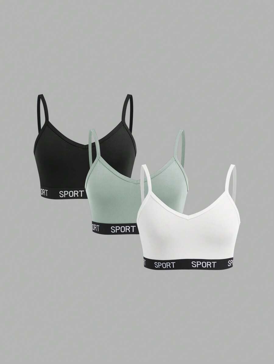 3pcs/Set Teen Girls Minimalist Letter Elastic Cami Bra Set Fall Winter - Mint Green - View 1