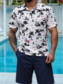 Manfinity Homme Conjunto de camisa polo de manga corta con estampado + pantalones cortos a juego, de moda para el verano para hombre