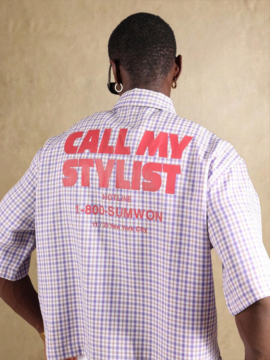 SUMWON Gingham Check Short Sleeve Casual Fashion Hotline Print Button Down Boxy Fit Shirt Spring Summer Streetwear Apparel