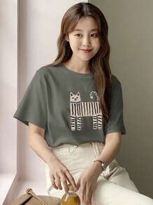 DAZY Camiseta de manga corta con cuello redondo y gráfico de gato para mujer, para primavera/verano, atuendos de maestro - Gris - Ver 2