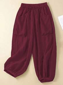 Linhara Plus Size Women Solid Color Tie-Waist Pocket Wide Leg Casual Pants