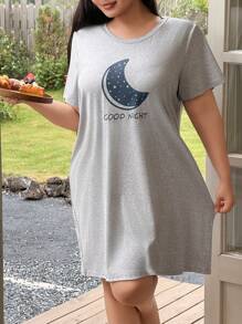 SHEIN Minimalist Casual Moon Print Plus Size Short Sleeve Sleep Dress - Grey - View 6