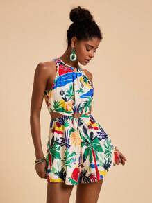 Travachic Women's Palm Tree Print Cutout Waist Sleeveless Jumpsuit, For Vacation,Vacation,Summer,Summer Outfits For Women,Holiday Outfits - Green - View 7