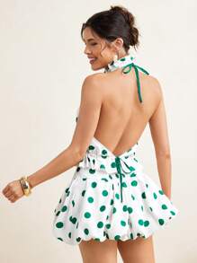 VALERIA GALIPOLI Polka Dots Ruching Ruffles Halter Neck Backless Sleeveless Crop Top Summer Women Vacation Beach
