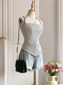 Cévolie Women Summer Striped Y2k Halter Top - Black and White - View 5