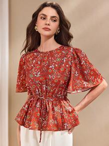 SHEIN Unity 女式休闲优雅短袖碎花衬衫 - 亮橙色 - 查看 1