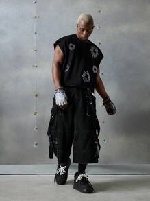 NEON BLANC Áo ba lỗ cổ tròn không tay đính đá dệt kim kiểu Gothic dành cho nam, phù hợp cho mùa hè, phiên bản đường phố - màu đen - Xem 5