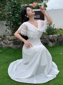 Modelyn 女式纯色蕾丝拼接V领优雅中长连衣裙 - 白色 - 查看 5