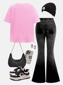 SHEIN Leap Crew 青少年女孩休闲简约短袖上衣和裤子两件套，适合夏季