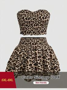 SHEIN CURVE+ Conjunto de 2 piezas sexy y minimalista de top tubo y minifalda de estampado de leopardo en talla grande