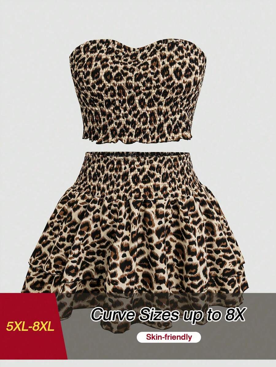 SHEIN CURVE+ Conjunto de 2 piezas sexy y minimalista de top tubo y minifalda de estampado de leopardo en talla grande