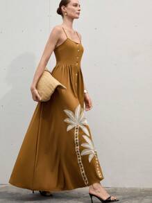 SHEIN Privé Vestido ajustado y evasé con un solo pecho, sin mangas, de punto de bambú marrón con detalles bordados de palmeras y fruncido en la cintura, estilo playa - Multicolor - Ver 3