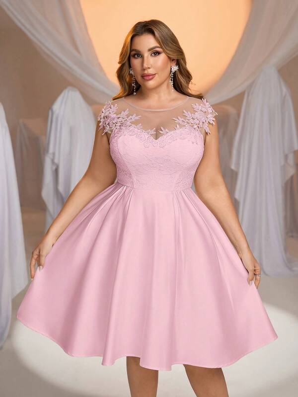 Glamrae Plus Size Elegant & Romantic Sheer Neck Floral Lace Patchwork Satin A-Line Wedding Dress, Bridal Gift Gown