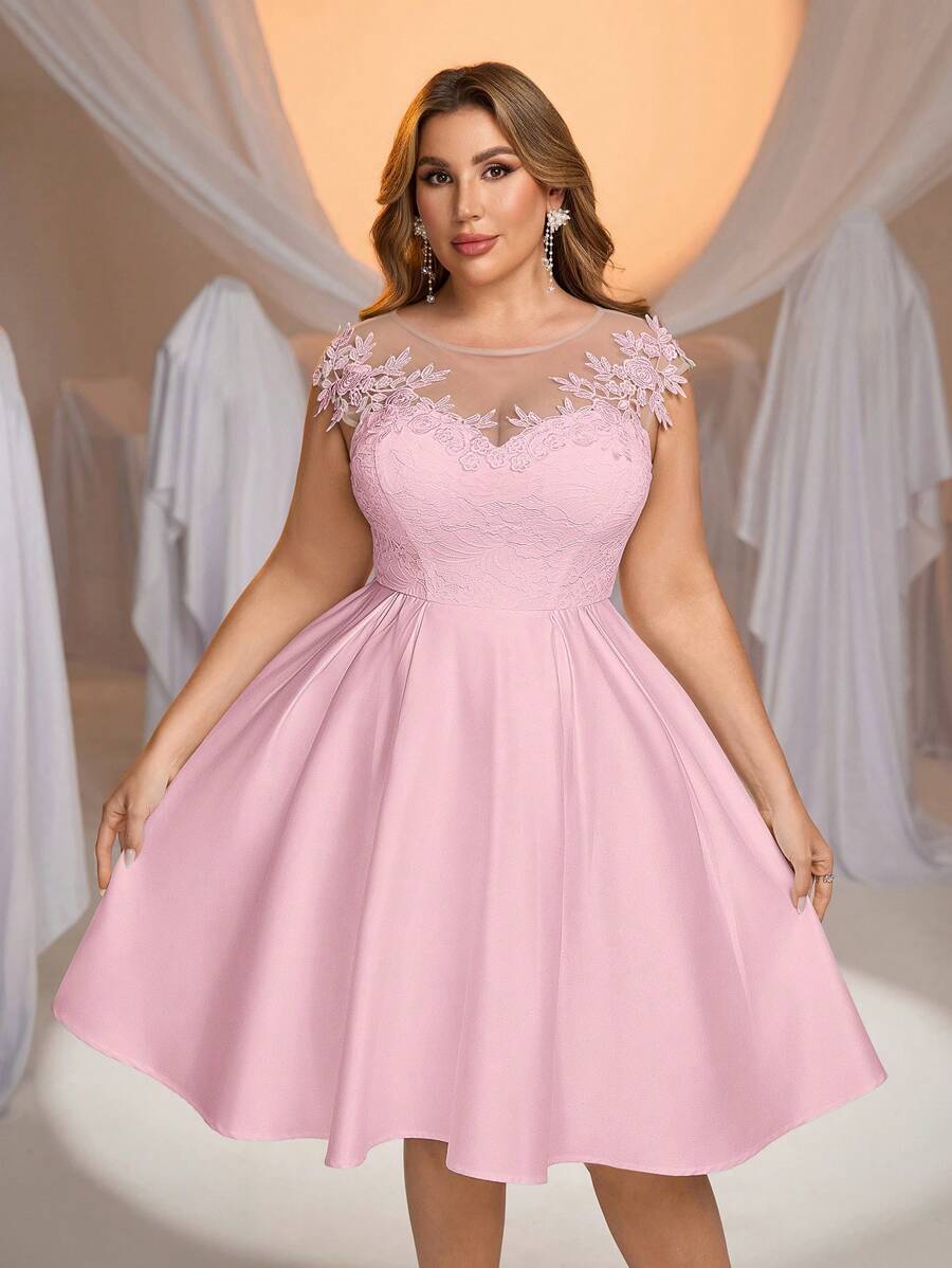 Glamrae 大码优雅浪漫透明领口花卉蕾丝拼布缎面 A 字形婚纱，新娘礼物礼服 - 粉色 - 查看 1