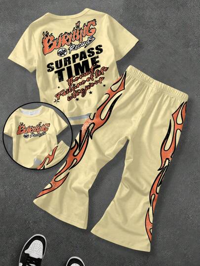 SHEIN Leap Crew 2pcs Young Boy Casual Flame Text Graphic Print Round Neck Short Sleeve Tee And Flare Pants Knit Suit Set, Suitable For Summer