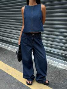 SHEIN Set di pantaloni e gilet smanicato, in denim ampio con tasche, casual e versatile, colore unito, collo rotondo, per ragazze; Pantaloncini corti da spiaggia, boho per vacanze estive; Outfit casual per concerti, festival e raduni estivi; Abbigliamento estivo per brunch, chiesa, laurea per ragazze
